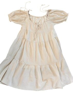 By Together 100% Cotton Beige Crinkle Tiered Cottagecore Dress Women’s M